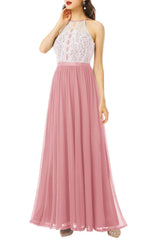 Burgundy A Line Halter Long Bridesmaid Dress with Lace