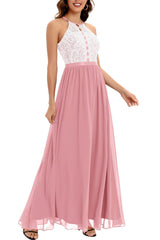 Burgundy A Line Halter Long Bridesmaid Dress with Lace
