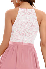 Burgundy A Line Halter Long Bridesmaid Dress with Lace