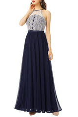 Burgundy A Line Halter Long Bridesmaid Dress with Lace