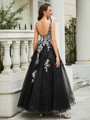 Plunging V-Neck Open Back Tulle Gown Black