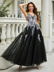 Plunging V-Neck Open Back Tulle Gown Black
