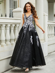 Plunging V-Neck Open Back Tulle Gown Black