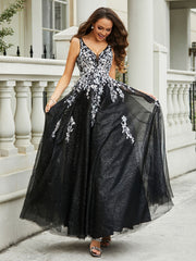 Plunging V-Neck Open Back Tulle Gown Black
