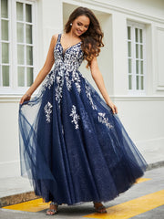 Plunging V-Neck Open Back Tulle Gown Dark Navy