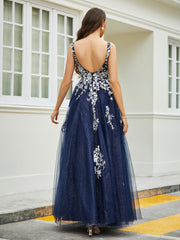 Plunging V-Neck Open Back Tulle Gown Dark Navy