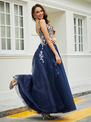 Plunging V-Neck Open Back Tulle Gown Dark Navy