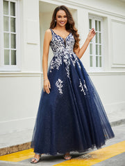 Plunging V-Neck Open Back Tulle Gown Dark Navy
