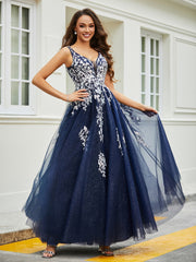 Plunging V-Neck Open Back Tulle Gown Dark Navy