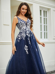 Plunging V-Neck Open Back Tulle Gown Dark Navy