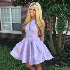 A-Line Above-Knee Lilac Satin Printed Homecoming Dress with Pockets HD0019