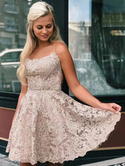 A Line Short Backless Blue/Champagne/White Lace Prom Dresses, Short Backless Lace Formal Homecoming Dresses