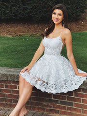 A Line Short Backless Blue/Champagne/White Lace Prom Dresses, Short Backless Lace Formal Homecoming Dresses