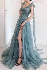 A-Line Bow Tie Straps Party Dress Lace High Split Prom/Formal Dress TP0979
