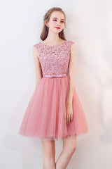A-Line Cap Sleeves Appliques Bowknot Crystal Sashes Homecoming Dress PG154