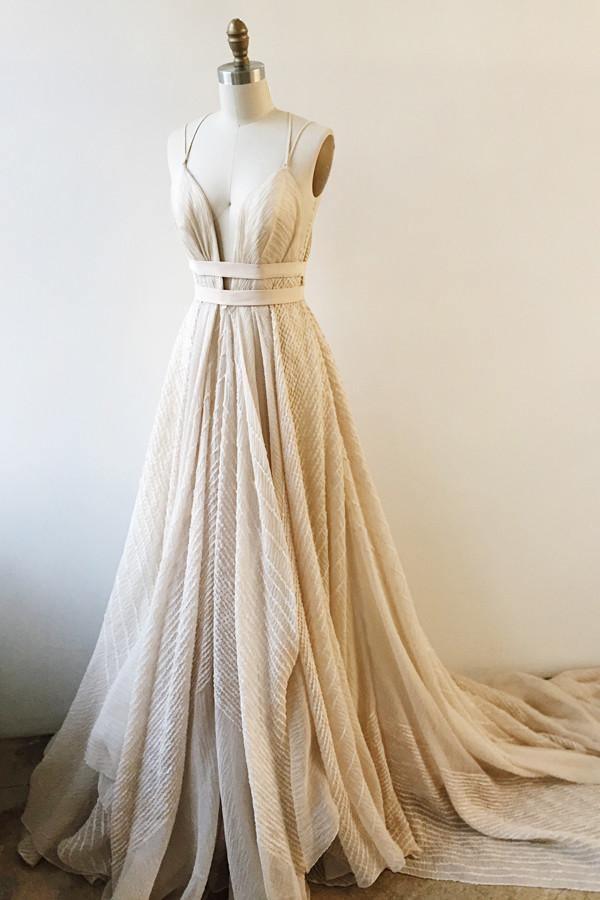 A-Line Deep V-Neck Court train Backless Lace Prom Dress With Sash TP0007