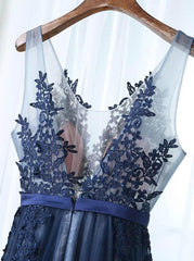 A-Line Deep V-Neck Floor-Length Navy Blue Tulle Prom Dress with Appliques TP0933