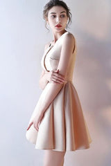 A-Line Deep V-Neck Straps Short Sleeveless Khaki Homecoming Dress TR0190