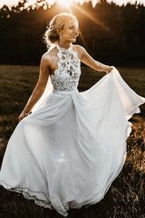 A-Line Halter Sleeveless Chiffon Long Beach Wedding Dress With Lace  TN262