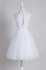 A-Line High Open Back White Short Tulle Homecoming Dress With Beading TR0164