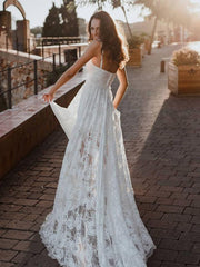 A-Line Lace Backless V-Neck Spaghetti Straps Lace Wedding Dress TN272