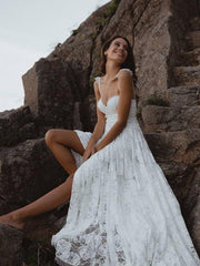 A-Line Lace Backless V-Neck Spaghetti Straps Lace Wedding Dress TN272