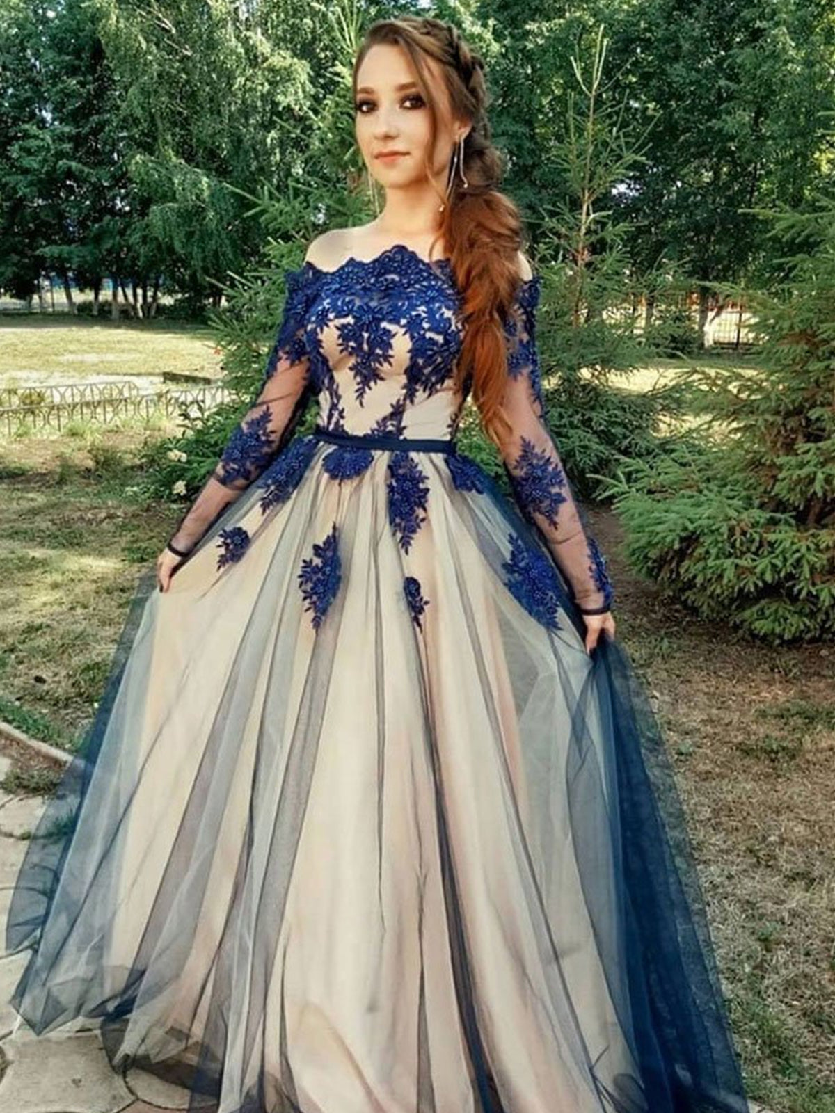 A Line Long Sleeves Blue Lace Prom Dresses, Long Sleeves Blue Lace Formal Graduation Homecoming Dresses