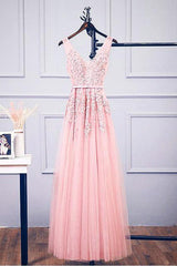 A-Line V Neck Pink Tulle Lace Applique Long Prom Dress Evening Dress TP0936