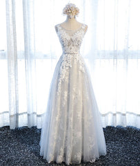 A Line Round Neck Sleeveless Lace Grey/Pink/Champagne Prom Dresses, Lace Formal Dresses, Evening Dresses