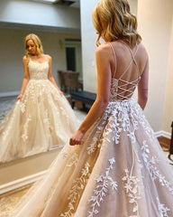 A-Line Round Neck Yellow Tulle Lace Prom Dresses Formal Dresses TP0964