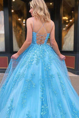 A-Line Round Neck Yellow Tulle Lace Prom Dresses Formal Dresses TP0964
