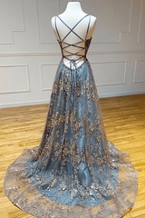 A-Line Tulle Straps Sequins Lace Prom Dress Split Evening Dress  TP1120