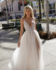 A Line V Neck Backless Beaded Tulle Prom Dresses, Ivory V Neck Backless Tulle Wedding Dresses, Evening Dresses