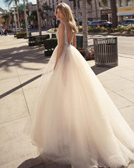 A Line V Neck Backless Beaded Tulle Prom Dresses, Ivory V Neck Backless Tulle Wedding Dresses, Evening Dresses