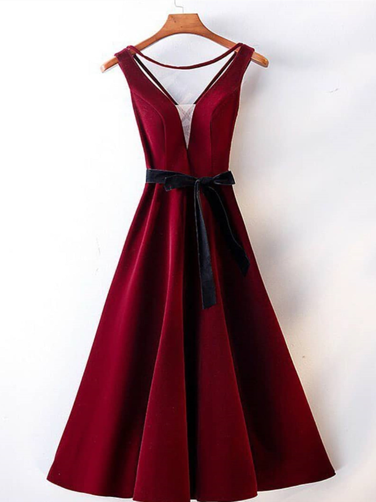 A Line V Neck Backless Burgundy Tea Length Prom Dresses, Tea Length Burgundy Backless Formal Graduation Evening Dresses