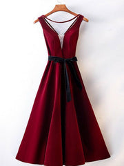 A Line V Neck Backless Burgundy Tea Length Prom Dresses, Tea Length Burgundy Backless Formal Graduation Evening Dresses