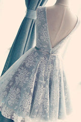 A-Line V-Neck Backless Light Blue Lace Homecoming Dress with Belt  PG103