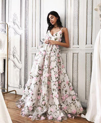 A Line V Neck Backless Pink Floral Lace Prom Dresses, Pink 3D Flower Lace Formal Graduation Homecoming Dresses