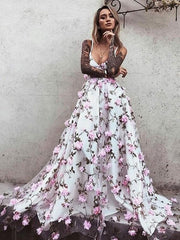 A Line V Neck Backless Pink Floral Lace Prom Dresses, Pink 3D Flower Lace Formal Graduation Homecoming Dresses
