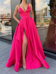 A Line V Neck Blue/Orange/Pink Long Prom Dress with Leg Slit, V Neck High Slit Formal Evening Dresses