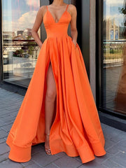 A Line V Neck Blue/Orange/Pink Long Prom Dress with Leg Slit, V Neck High Slit Formal Evening Dresses