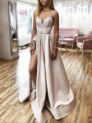 A Line V Neck Champagne Long Prom Dresses, Long Champagne Formal Graduation Evening Dresses