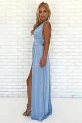 A-Line V-Neck Criss-Cross Back Light Blue Chiffon Prom Dress with Split TP0938