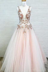 A-Line V-Neck Floor-Length Pink Prom Dress with Appliques Beading TP0917