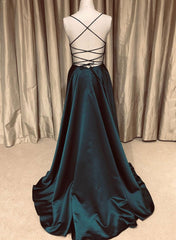 A Line V Neck Green/Blue Backless Long Prom Dresses, V Neck Backless Green/Blue Formal Graduation Evening Dresses