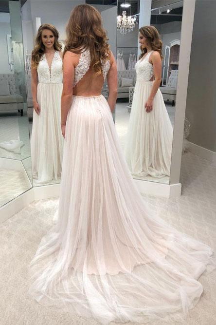 A-Line V-Neck Open Back Tulle Wedding Dress with Lace Bodice TN122