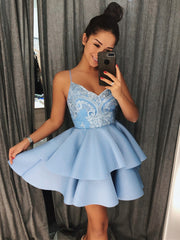 A Line V Neck Short Blue Gray Lace Prom Dresses, Short Lace Formal Homecoming Graduation Dresses