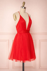 A Line V Neck Short Red/Burgundy Tulle Prom Dresses, Short Red/Burgundy Graduation Homecoming Dresses