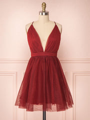 A Line V Neck Short Red/Burgundy Tulle Prom Dresses, Short Red/Burgundy Graduation Homecoming Dresses