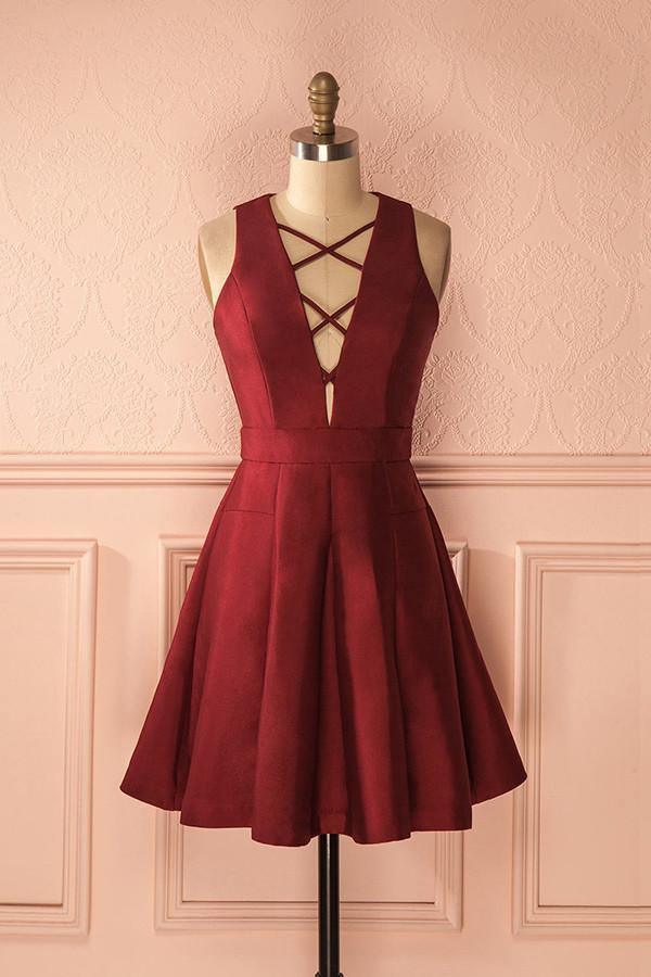 A-Line V-Neck Sleeveless Lace-Up Short Burgundy Satin Homecoming Dress  TR0161